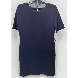 NWT Womens L Mario Serrani Navy Blue Ribbed Short Sleeve Stretch Dress